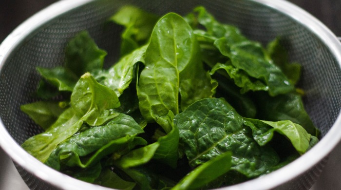 Closeup of a silver colander containing calcium-rich leafy greens